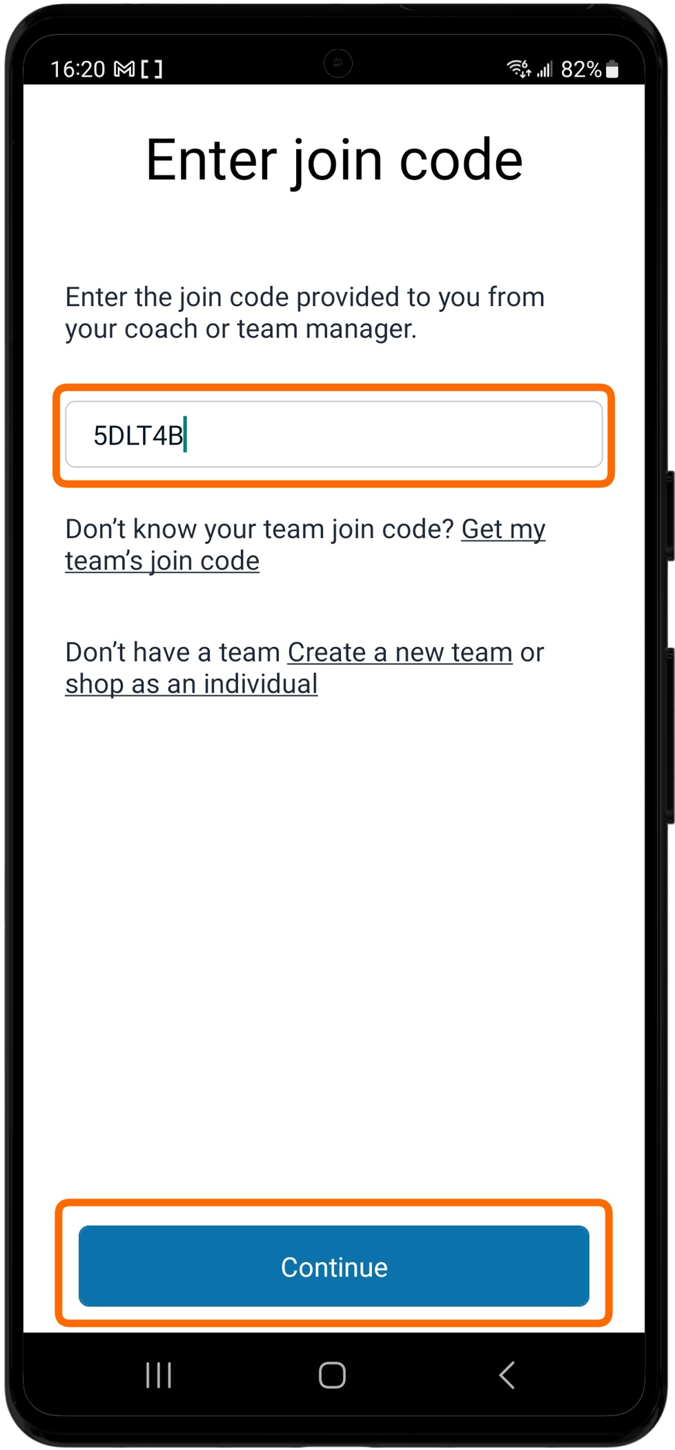 Capture d'écran de saisie du code d'équipe